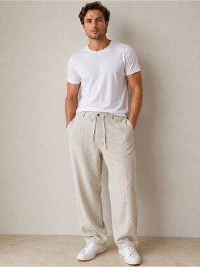 Perry Ellis Men's Linen Blend Drawstring Casual Pants Beige 38